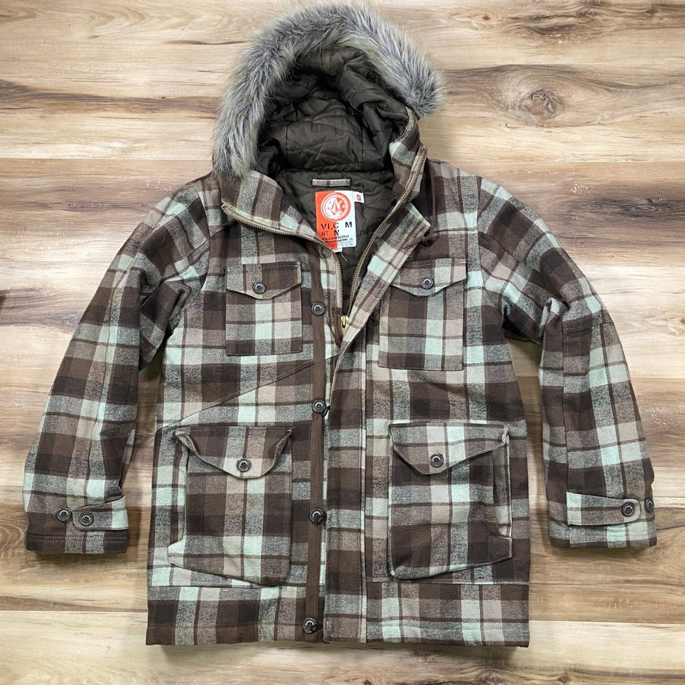 Volcom Scout Jacket Mens Small Plaid Cotton Workwear Lodger 700 Brown Green Vtg
